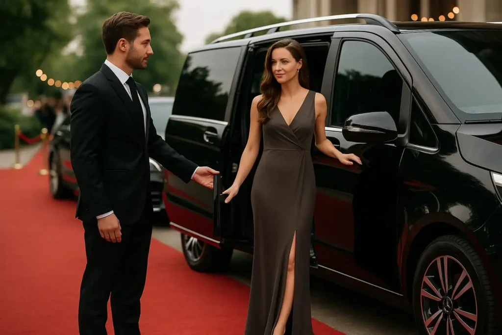 Chauffeur assisting elegant woman exiting Mercedes-Benz V-Class at red carpet event in London