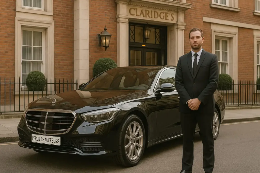 Luxury Mercedes S-Class parked outside Claridge's Hotel with professional chauffeur – Hourly Hire Chauffeur Service by Perun Chauffeurs, London.