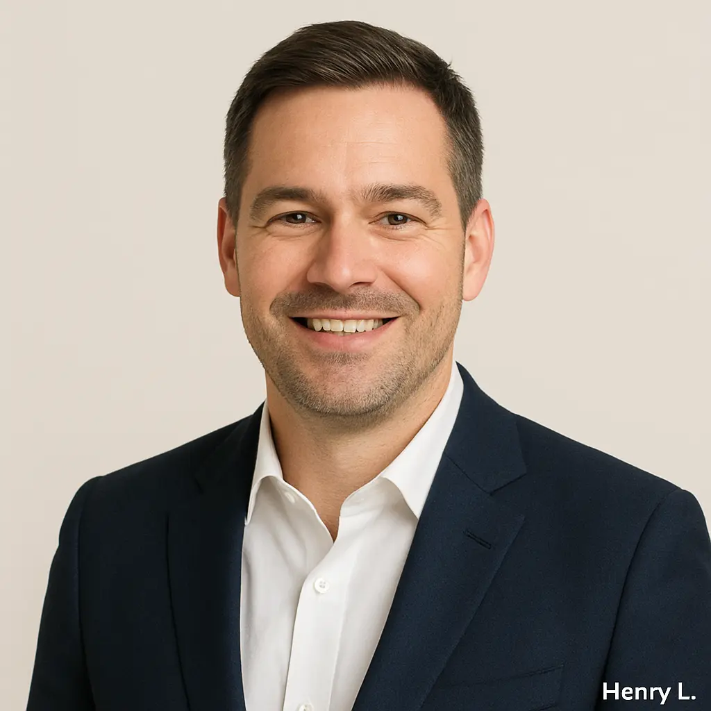 Professional headshot of Henry L., smiling man in a smart blazer and shirt, against a light neutral background, used for Perun Chauffeurs Gatwick transfer testimonial.