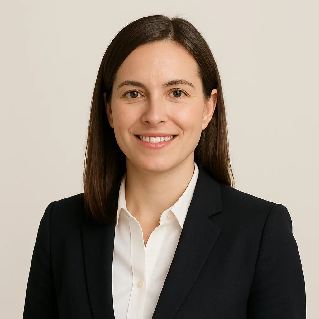 Professional headshot of Olivia S., smiling woman in a black blazer and white shirt, against a bright neutral background, used for Perun Chauffeurs Gatwick transfer testimonial.