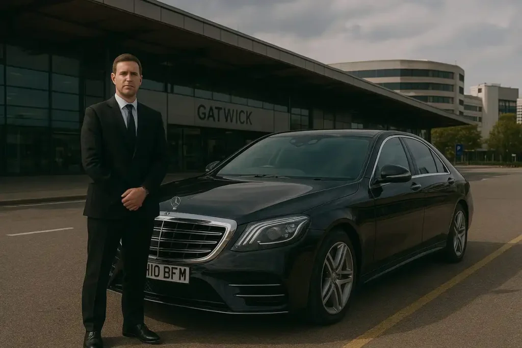 Chauffeur with Mercedes-Benz S-Class at Gatwick Airport with modern terminal buildings in the background.