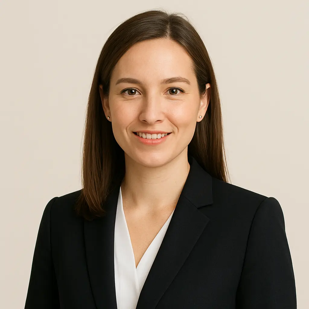 Professional headshot of Sophia D., smiling woman in business attire against a bright neutral background, used for Perun Chauffeurs Gatwick transfer testimonial.